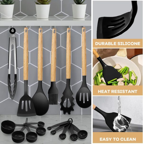 Silicone Kitchen Utensils 22 Pieces, Set of Utensils da Cucina per Pentole Antiaderenti, Heat and Non-Stick with Wooden Handle for Utensils BPA Free (Black) - Image 2