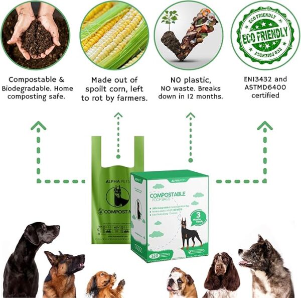 Alpha Pets Compostable Dog Poo Bags With Easy-Tie Handles - 320 Medium-Large Biodegradable Cornstarch Pet Waste Bags - 3 Month Supply With Dispenser Box