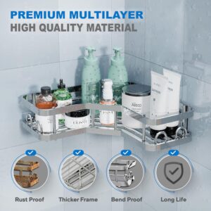HURUC Corner Shower Caddy – 2 Pack Rustproof, Bathroom Corner Shelves, No-Drill Adhesive, Suction for Accessories and Storage,Extra Self Adhesive, Silver