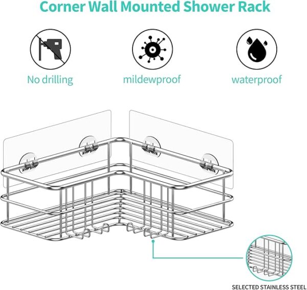 Menbyci Silver Corner Shower Caddy,Adhesive Shower Shelf with Hooks, Stainless Steel Rustproof Bathroom Storage Organizer Rack,No Drilling Shampoo Holder Wall Mounted,2-Pack - Image 2