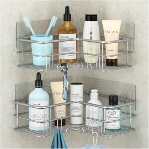Menbyci Silver Corner Shower Caddy,Adhesive Shower Shelf with Hooks, Stainless Steel Rustproof Bathroom Storage Organizer Rack,No Drilling Shampoo Holder Wall Mounted,2-Pack