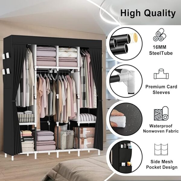 OPPAIYA Canvas Wardrobe, Zippered Open Wardrobes, Portable Wardrobe With 4 Hanging Rails, 4 Compartments and 8 Side Pocket Fabric Wardrobes, 165 x 165 x 45 cm, Great Foldable wardrobes for Bedroom - Image 2