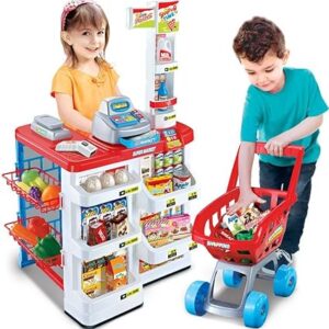 Kids Grocery Supermarket Store - Pretend Play, Cash Register Till with Scanner | Play Money, Fruit & Veg, for Toddler Boys Girls 3 4 5 Year Old - Xmas Gift