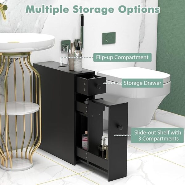 Multigot Bathroom Slim Floor Cabinet, Wooden Toilet Paper Organizer Unit with Drawers, Narrow Free Standing Cupboard (Black) - Image 2