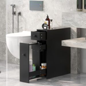 Multigot Bathroom Slim Floor Cabinet, Wooden Toilet Paper Organizer Unit with Drawers, Narrow Free Standing Cupboard (Black)