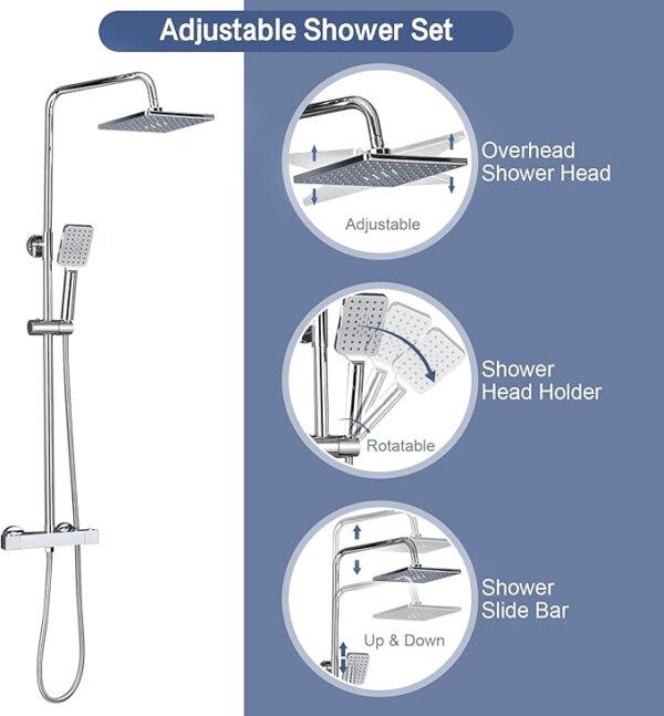 ROWINNAO Thermostatic Shower Mixer Set Chrome, 21cm Square Overhead Rainfall Shower Head, 3 Jet Types Handheld Shower, Height Adjustable Shower Set, Thermostatic Shower System Anti-Scalding - Image 2