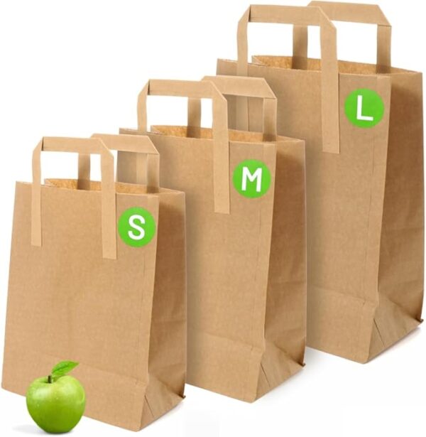 Brown Paper Bags with Handles - Large 12 x 10 x 5", 250 Pack, 80gsm Kraft Material, Takeaway Lunch Grocery Shopping Gift Party - Image 2