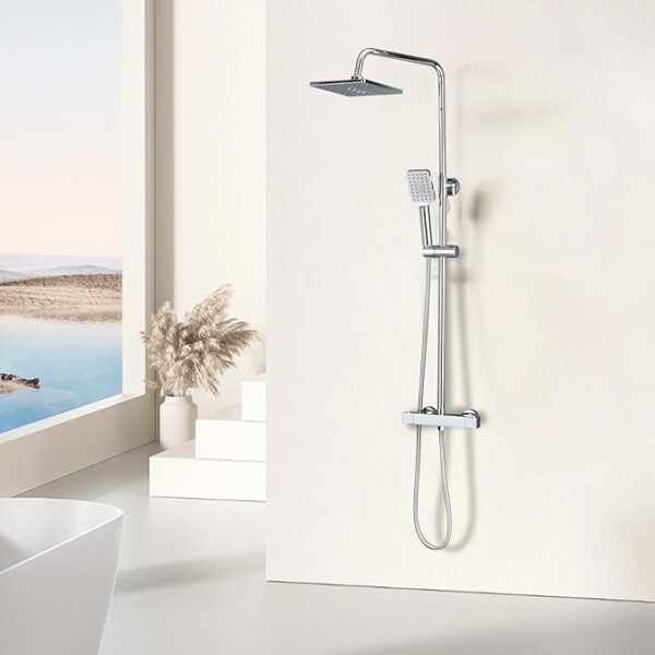 ROWINNAO Thermostatic Shower Mixer Set Chrome, 21cm Square Overhead Rainfall Shower Head, 3 Jet Types Handheld Shower, Height Adjustable Shower Set, Thermostatic Shower System Anti-Scalding