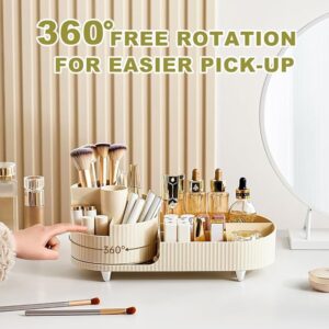 BULLA Makeup Organiser, 360 Rotating Makeup Organiser, Rotating Compartment 2 In 1 Cosmetic Storage, Makeup Organizer Storage Is Perfect for Dresser, Bathroom, Bedroom (Milky White)