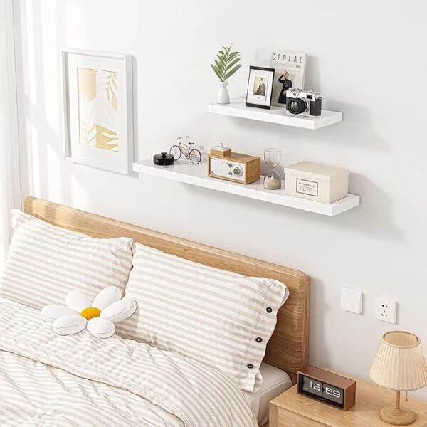 aimu Set of 3 Floating Shelves,Wall Mounted Storage Shelf,White Finish Wall Mount Shelf Sets.Wood Wall Shelves for Decor and Display,Be Usecfor Kitchen, Bathroom,Living Room, Bedroom and More. - Image 2