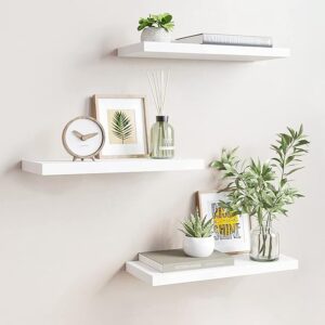 aimu Set of 3 Floating Shelves,Wall Mounted Storage Shelf,White Finish Wall Mount Shelf Sets.Wood Wall Shelves for Decor and Display,Be Usecfor Kitchen, Bathroom,Living Room, Bedroom and More.