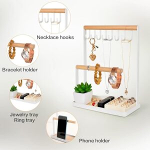 PAMANO Jewelry Stand Holder, 3-Tier Necklace Hanging Wooden Ring Organizer Earring Tray, 8 Hooks Storage Necklaces, Bracelets, Rings and Watches on Desk Tabletop