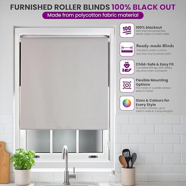FURNISHED Roller Blinds Thermal Blackout Roller Blind - Trimmable Insulated UV Protection Child Safe Easy Fit Home Office Window Blinds, Cream, 115W x 165H cm - Image 2
