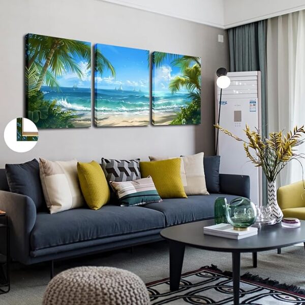 Beach Decor Canvas Wall Art - 3 Panel Sea Wave Sunset Poster Canvas Print Home Office Decorations for Living Room Seascape Modern Artwork Ocean Framed Painting Pictures for Bedroom 12''x16' - Image 2