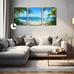 Beach Decor Canvas Wall Art - 3 Panel Sea Wave Sunset Poster Canvas Print Home Office Decorations for Living Room Seascape Modern Artwork Ocean Framed Painting Pictures for Bedroom 12''x16'