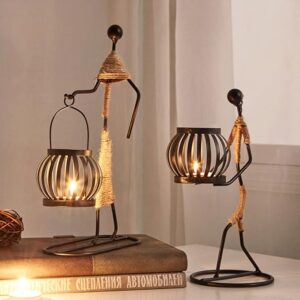 2Pcs Metal Candle Holder, Vintage Candlestick Stand Little Girl Shaped with Hemp Rope Design African Tribal Lady Ornaments for Living Room Coffee Shop Wedding Christmas Decoration (A＋E)