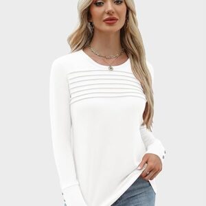 Kistore Long Sleeve Tops Women Fall Fashion 2025 Dressy Casual Blouses Round Neck Front Pleated Button Tunic T Shirts