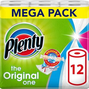 PLENTY Kitchen Towel, 12 White Rolls, 1200 Sheets of Kitchen Roll, 2-Ply Tissue