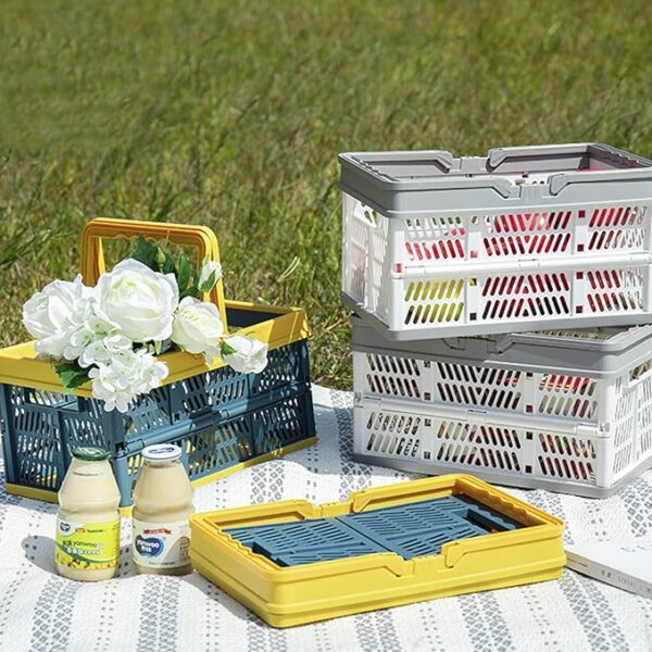 Xaztr 3 Pack Collapsible Storage Crates with Handles, Stackable Folding Storage Crate Plastic Shopping Baskets for Kitchen Bathroom Grocery Car Trunk - Image 2