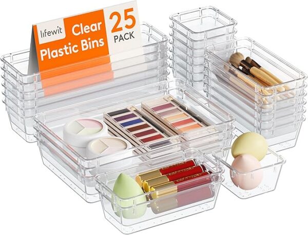 Lifewit 25pcs Drawer Organiser Set, Clear Makeup Trays Plastic, Desk Drawer Dividers Dresser Storage Bins Separation Box for Bathroom, Office, Cosmetic, Jewelries and Gadgets, Bedroom - Image 2