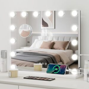 eklipt Hollywood Vanity Mirror with Lights, 50×42cm Large Lighted Makeup Mirror with 14 Dimmable LED Bulbs, Touchscreen Control, USB Output Port Tabletop or Wall Mounted Light Up Mirror For Bedroom