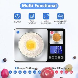 Drcowu Dual Platform Kitchen Scales Digital with 2 Precisions, 1g & 0.01g, Large 15kg & 500g Food Weighing Scale for Baking, Cooking, Meal Prep, Yeast and Jewelry, Accumulation Function, LCD Display