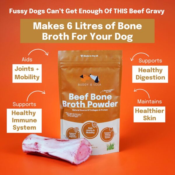 Buddy & Lola Beef Bone Broth Powder | 100% Pure Broth Protein Powder for Dogs | Joint, Digestion & Gut support | Makes 6 litres of Beef Bone Broth - Image 2