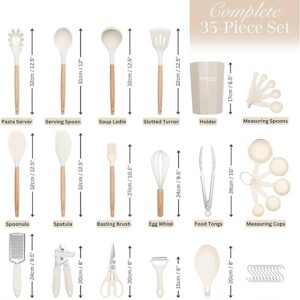 Kitchen Non Stick Cooking Utensils Set – Heat Resistant Silicone Utensils with Wooden Handle – Ladles, Spoons and Spatulas Set – Kitchen Tools & Accessories – 35pcs, Cream – by Nuovva