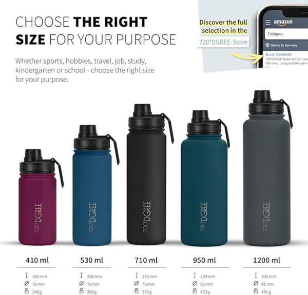 720°DGREE Vaccum Insulated Water Bottle “noLimit“ - 410ml, 530ml, 710ml, 950ml, 1200ml - Leakproof, BPA-Free, Thermo Stainless Steel Flask - Sports, Gym, School, Travel, Carbonated Drinks +Sports-Cap - Image 2