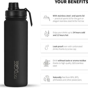 720°DGREE Vaccum Insulated Water Bottle “noLimit“ - 410ml, 530ml, 710ml, 950ml, 1200ml - Leakproof, BPA-Free, Thermo Stainless Steel Flask - Sports, Gym, School, Travel, Carbonated Drinks +Sports-Cap