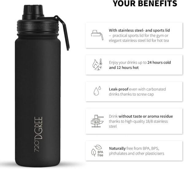 720°DGREE Vaccum Insulated Water Bottle “noLimit“ - 410ml, 530ml, 710ml, 950ml, 1200ml - Leakproof, BPA-Free, Thermo Stainless Steel Flask - Sports, Gym, School, Travel, Carbonated Drinks +Sports-Cap