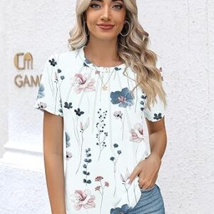 Rapbin Womens Casual Short Sleeve T-Shirts Crew Neck Pleated Tops Fashion Dressy Tunic Blouses
