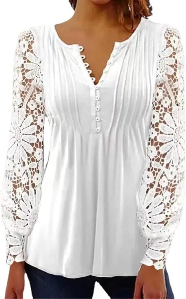 BISKAMY Tops for Women UK Elegant Ladies Tops Lace Patchwork Shirts Long Sleeve V Neck Blouse Plus Size Casual Loose T-Shirt - Image 2