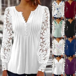 BISKAMY Tops for Women UK Elegant Ladies Tops Lace Patchwork Shirts Long Sleeve V Neck Blouse Plus Size Casual Loose T-Shirt