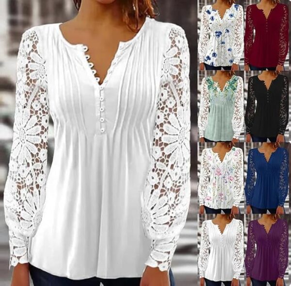 BISKAMY Tops for Women UK Elegant Ladies Tops Lace Patchwork Shirts Long Sleeve V Neck Blouse Plus Size Casual Loose T-Shirt