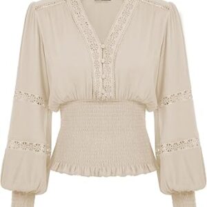 SCARLET DARKNESS Women Renaissance Tops Lace V Neck Lantern Sleeve Smocked Blouse