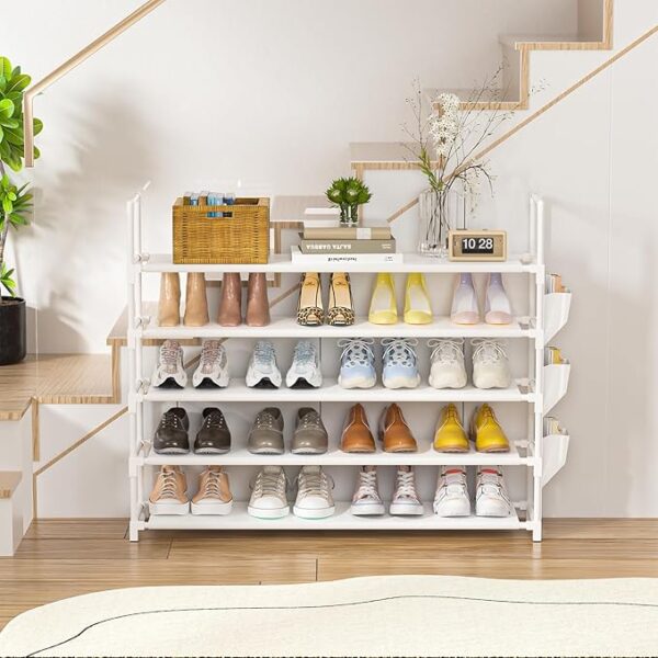 OYREL 5 Tier Shoe Organizer, 33.3in Wide x 11.2in Deep x 35.6in Tall, Black Metal and Plastic Shoe Rack with Side Bag, Holds 20-25 Pairs of Shoes
