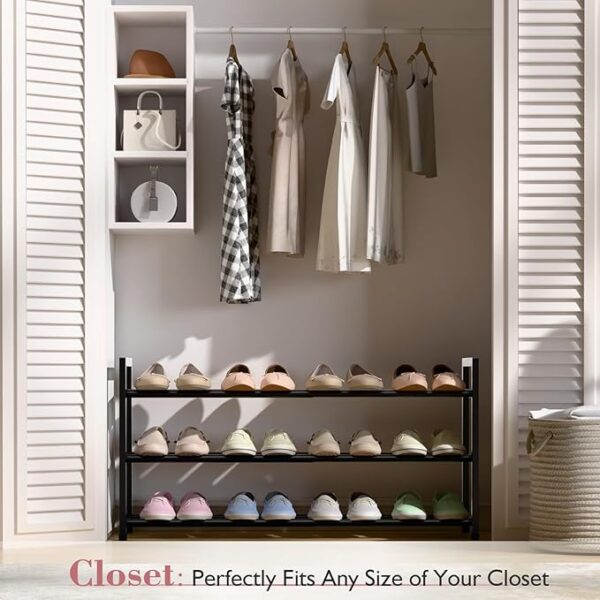 Bumusty 3-Tier Expandable Shoe Rack for Closet, 46cm*84cm Adjustable Shoe Rack for Small Space, Small Shoe Organizer for Front Door, Sturdy Metal, Black