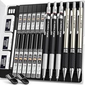 Nicpro 6PCS Mechanical Pencils Set, 3 PCS 2mm Lead Holder (2B HB 2H), Clutch Propelling Drafting Pencil 0.5 mm & 0.7 mm & 0.9 mm for Writing,Sketching Drawing with 12 Tube Lead Refills Case